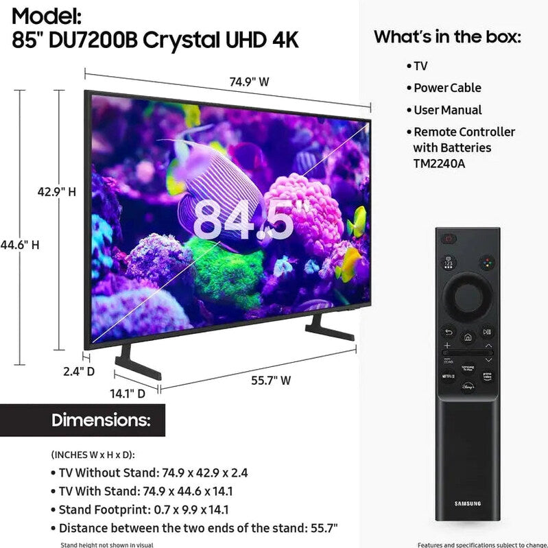 Samsung Crystal UHD 4K Smart TV, 85-Inch With HDR - DU7200B