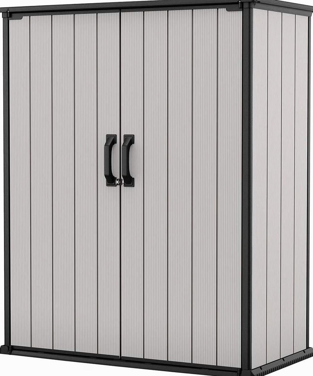 Keter Premier Tall Vertical Resin Outdoor Storage Shed With Floor And Locking Double Doors - Grey