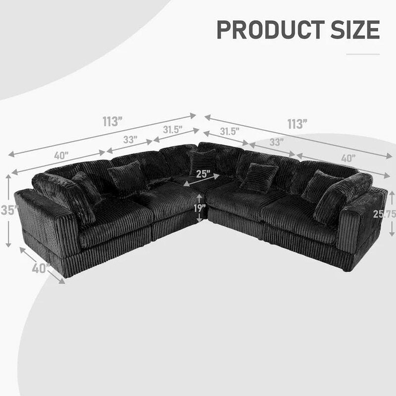 6-Piece Corduroy Upholstered L-Shaped Modular Sectional Sofa