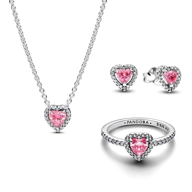 Sterling Silver Pink Heart Jewelry Set