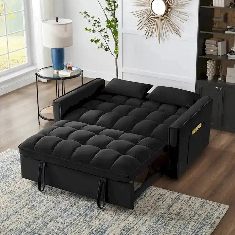 Velvet Pull-Out Sleeper Loveseat - Convertible Reclining Couch With Dual Side Storage Pockets