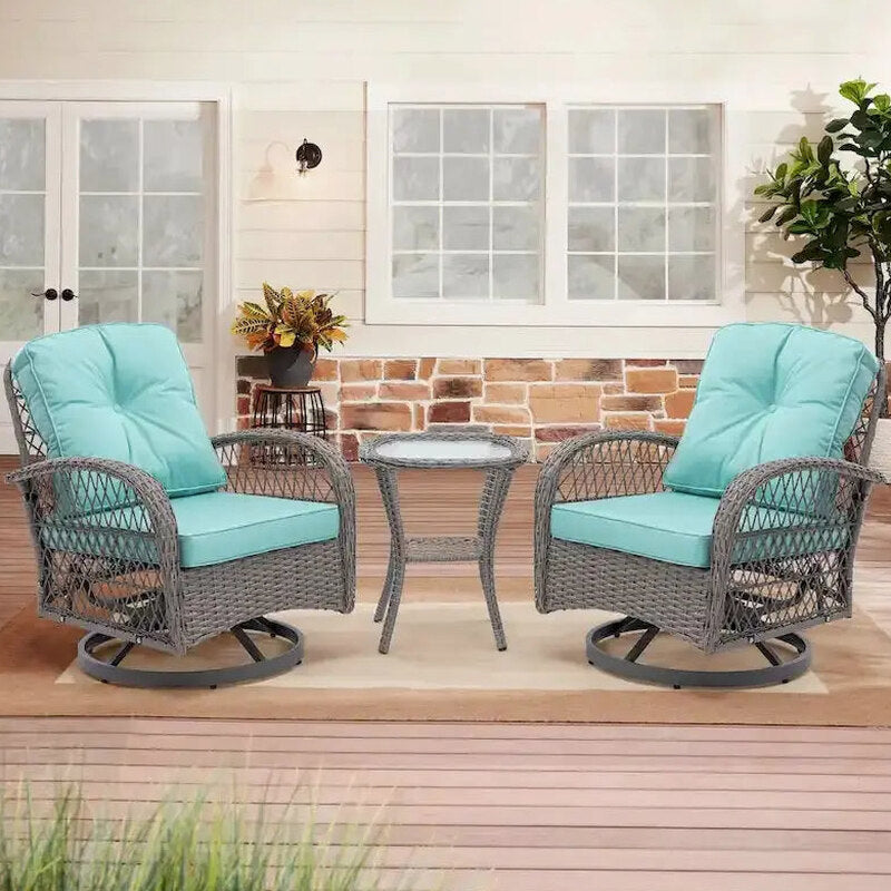 3-Piece Outdoor Swivel Rocker Conversation Set With Tempered Glass Coffee Table