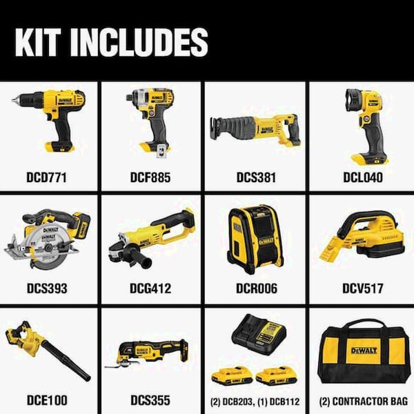 DEWALT 20V MAX Cordless 10 Tool Combo Kit With (2) 20V 2.0Ah Batteries, Charger And Bag - DCK1020D2