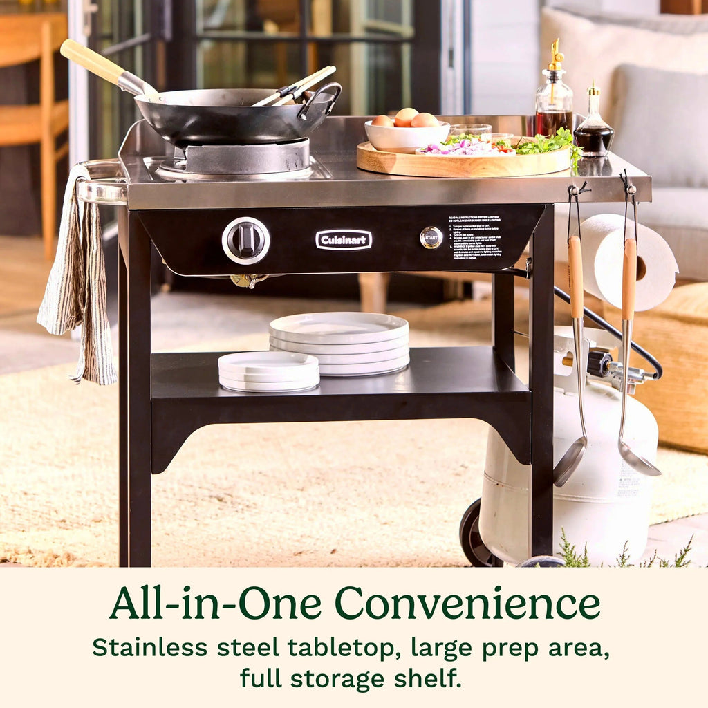 Cuisinart Outdoor Wok Station With Prep Table, 50,000 BTU, 14 inch Carbon Steel Wok - Black