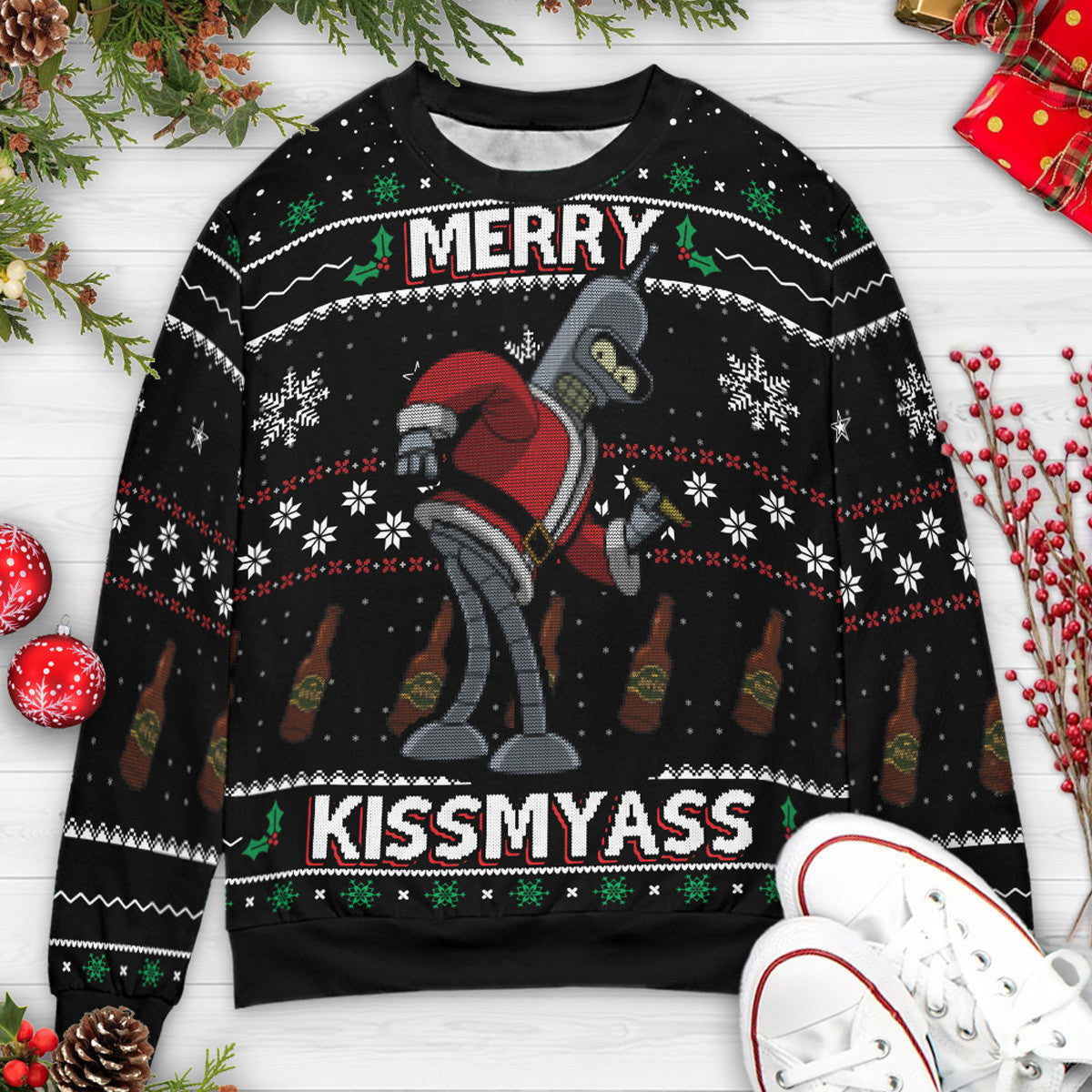 Merry Kissmyass Santa Bender Futurama Ugly Christmas Sweatshirt