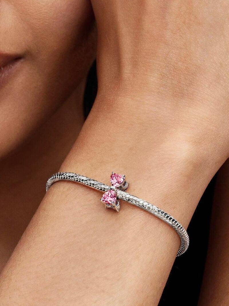 Pink Stone Bow Charm - Silver