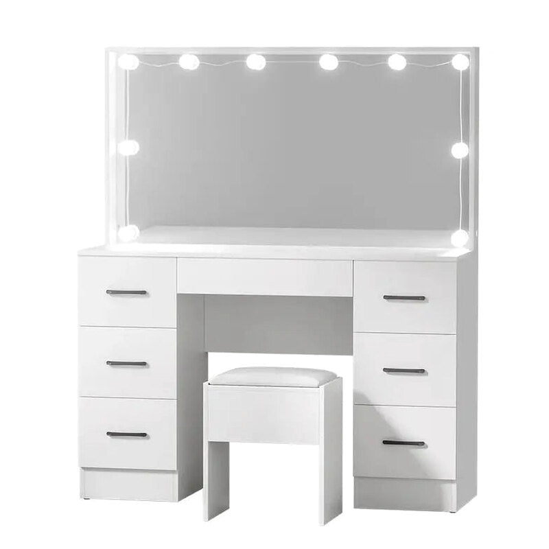 Artiss Dressing Table Set, 7 Drawers, LED Mirror, Stool, 10 Bulbs, White - Debbie