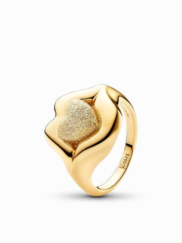 Red Enamel Lips Statement Ring - Gold