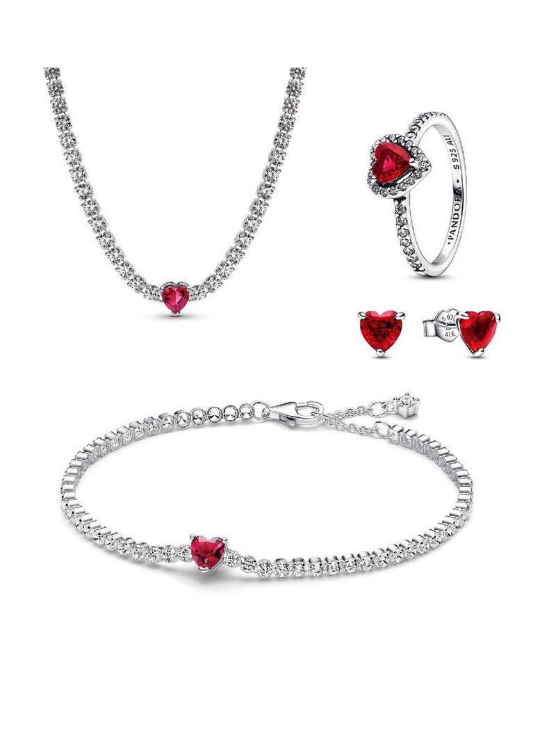 Red Heart Tennis Jewelry Set - Silver
