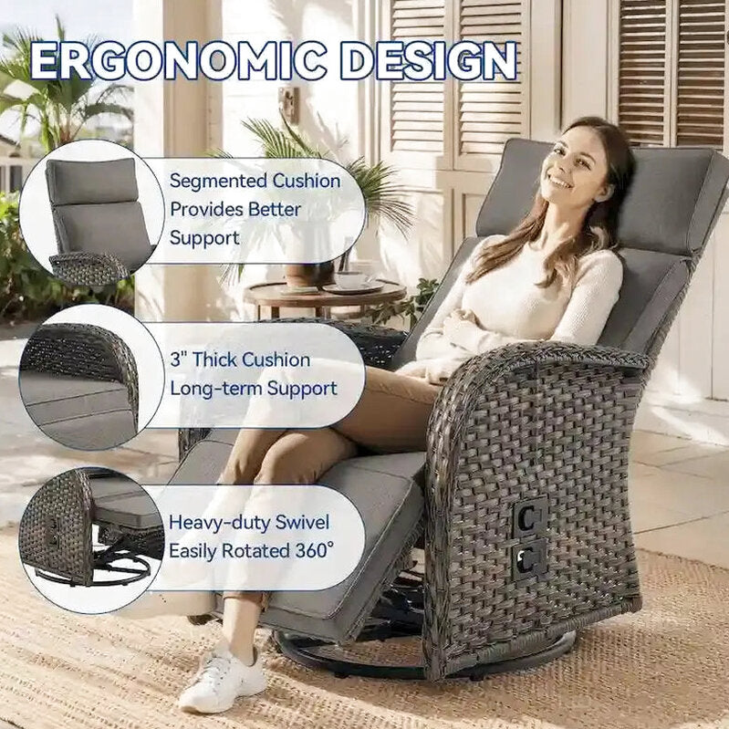 Pocassy 3-Piece Outdoor Recliner Set With Side Tables And Grey Cushions