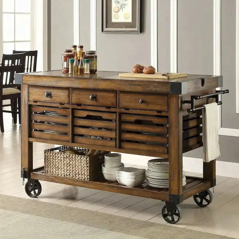 Kitchen Cart Rolling Island With 3 Storage Drawers - Distressed Chestnut