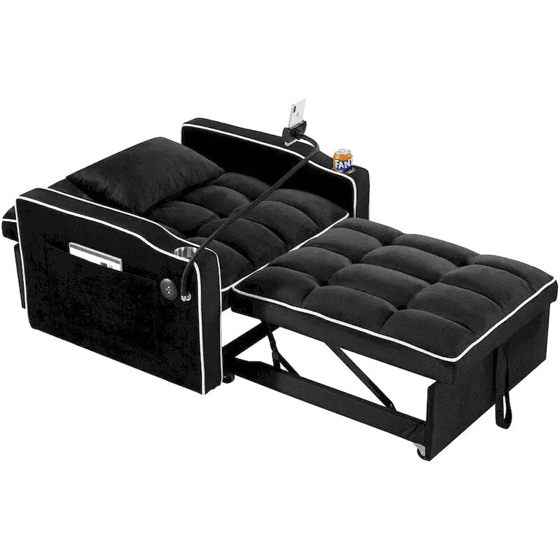 Convertible Sleeper Chair With USB And Type-C Ports - Black Or Grey