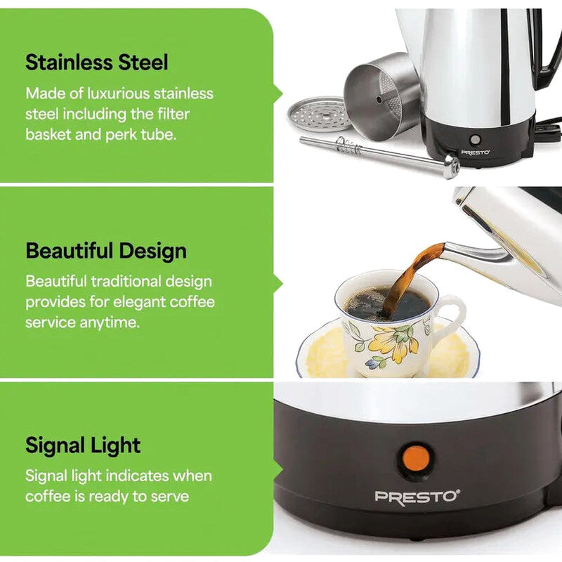 Presto Stainless Steel Percolator Coffee Maker, 2 To 12 Cups, Silver