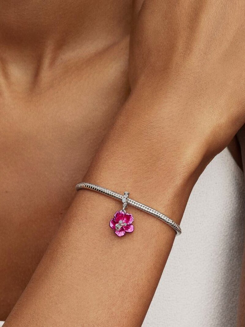 Pink Flower Silver Dangle Charm