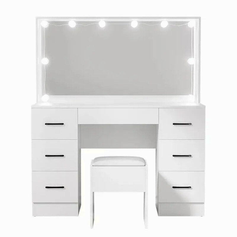 Artiss Dressing Table Set, 7 Drawers, LED Mirror, Stool, 10 Bulbs, White - Debbie