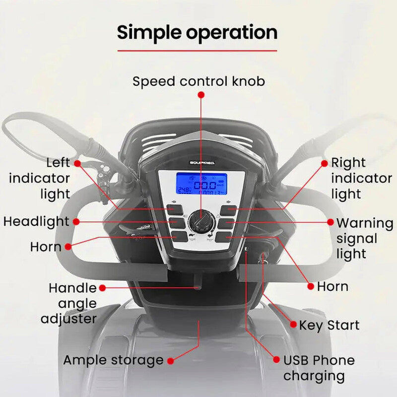 Equipmed Mobility Scooter, 30 km Range, 180 kg Capacity - VentureCruise Series S-XXL