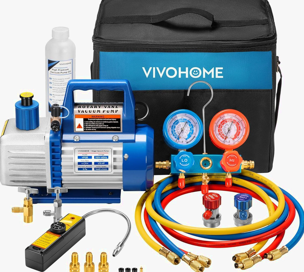 Single-Stage Rotary Vane Air Vacuum Pump With R134a AC Manifold Gauge Kit - 110V, 1/3 HP, 4 CFM