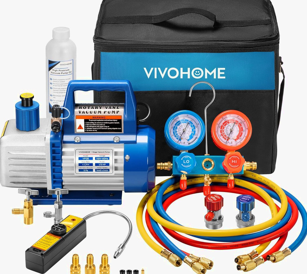 Single-Stage Rotary Vane Air Vacuum Pump With R134a AC Manifold Gauge Kit - 110V, 1/3 HP, 4 CFM