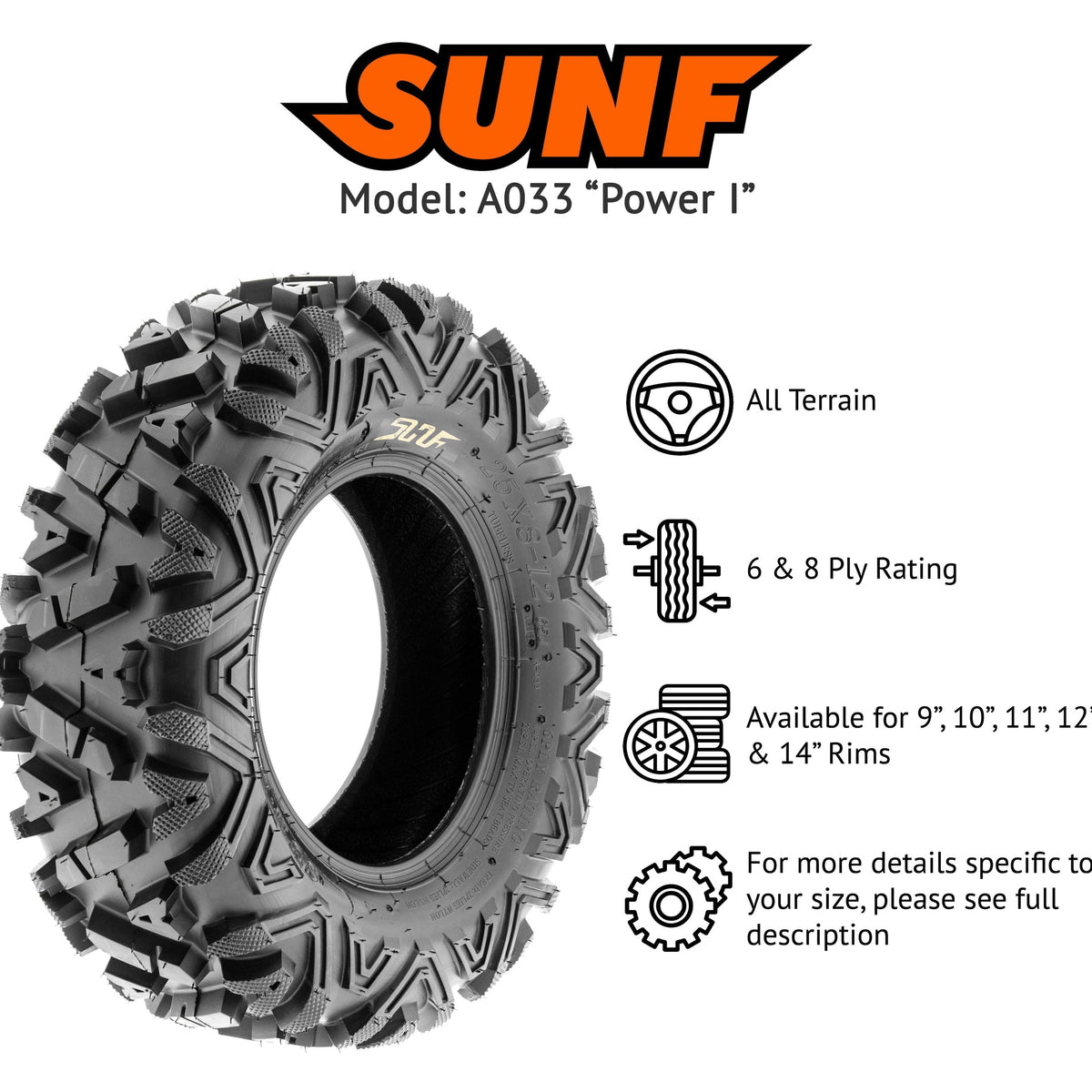 SunF All Terrain ATV UTV Tires 25x8-12 And 25x10-12 6 PR Set Of 4 - A033