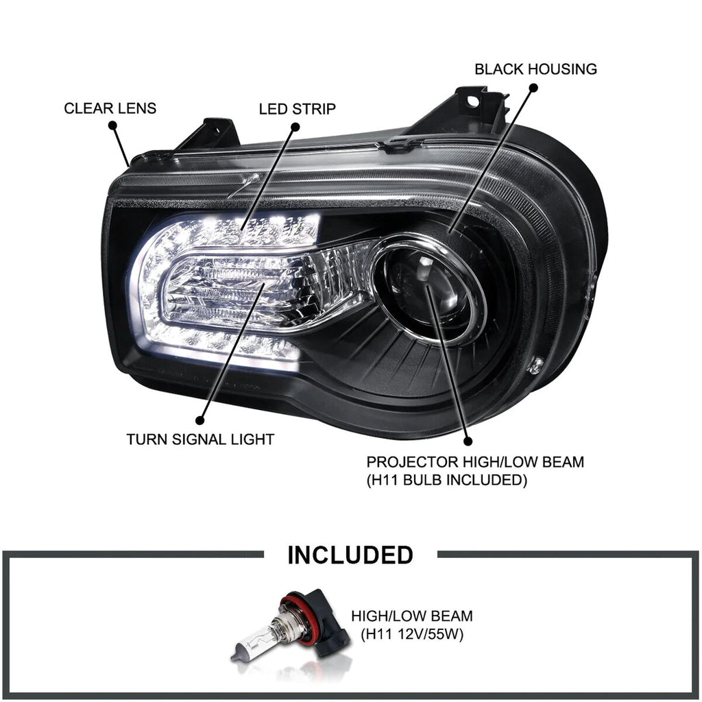 Spec-D Tuning Black LED Strip Projector Headlight Assembly Pair - 2005-2010 Chrysler 300C AWD HEMI SRT-8