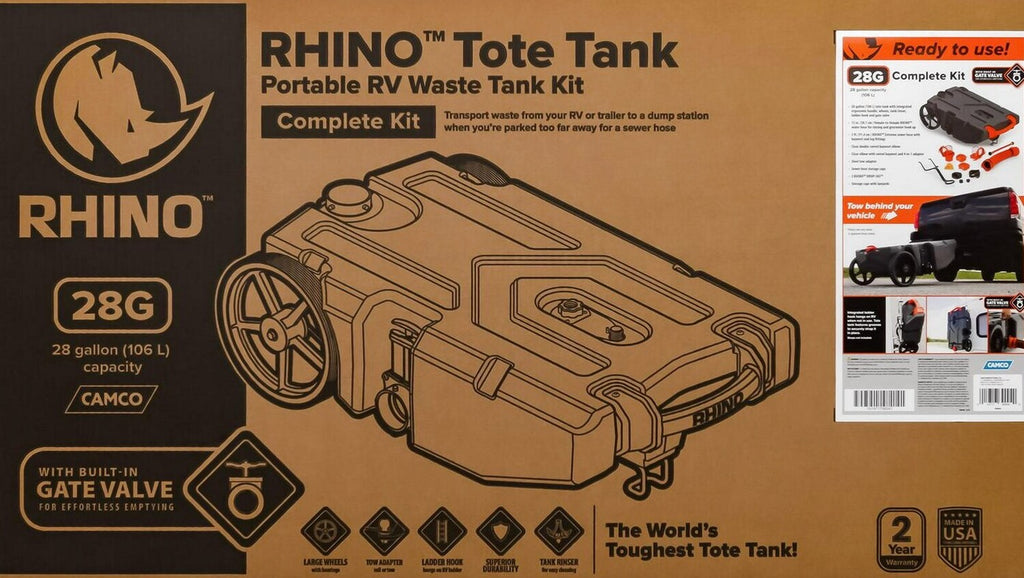 Camco Rhino Heavy Duty 28 Gallon Portable RV Waste Holding Tank With Hose And Accessories, Gray - 39004
