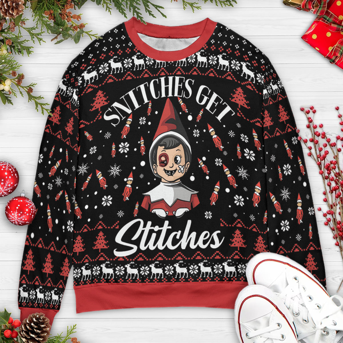 Snitches get Stitches Elf on the Shelf Ugly Christmas Sweatshirt