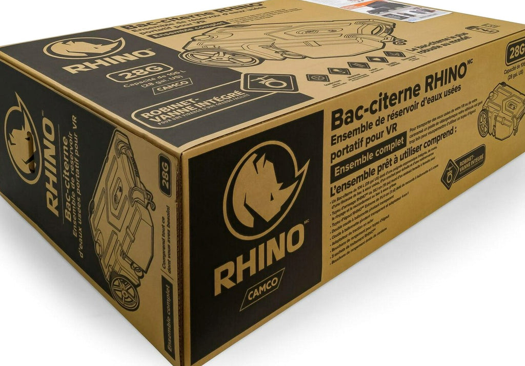 Camco Rhino Heavy Duty 28 Gallon Portable RV Waste Holding Tank With Hose And Accessories, Gray - 39004