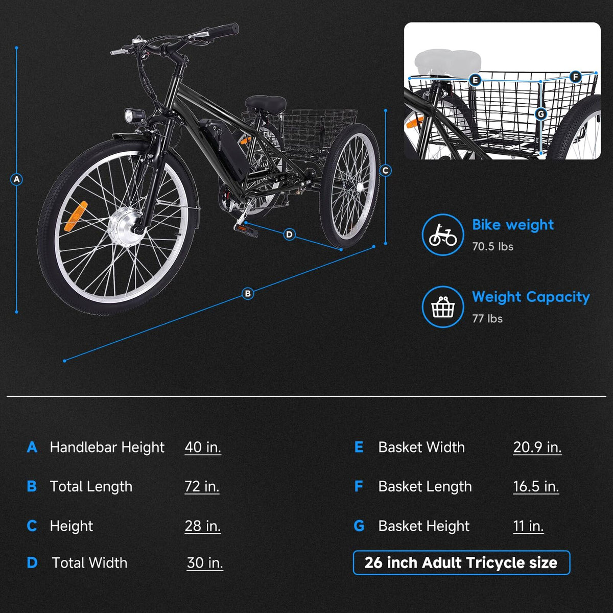 26 Inch Adult 3 Wheel Electric Tricycle With Basket, Fat Tires, 7 Speeds, 350W Motor, 36V 10Ah Battery - 0KT_3xfGu2r4etlrGenxGg69.