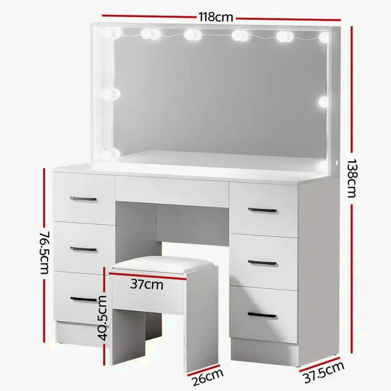 Artiss Dressing Table Set, 7 Drawers, LED Mirror, Stool, 10 Bulbs, White - Debbie