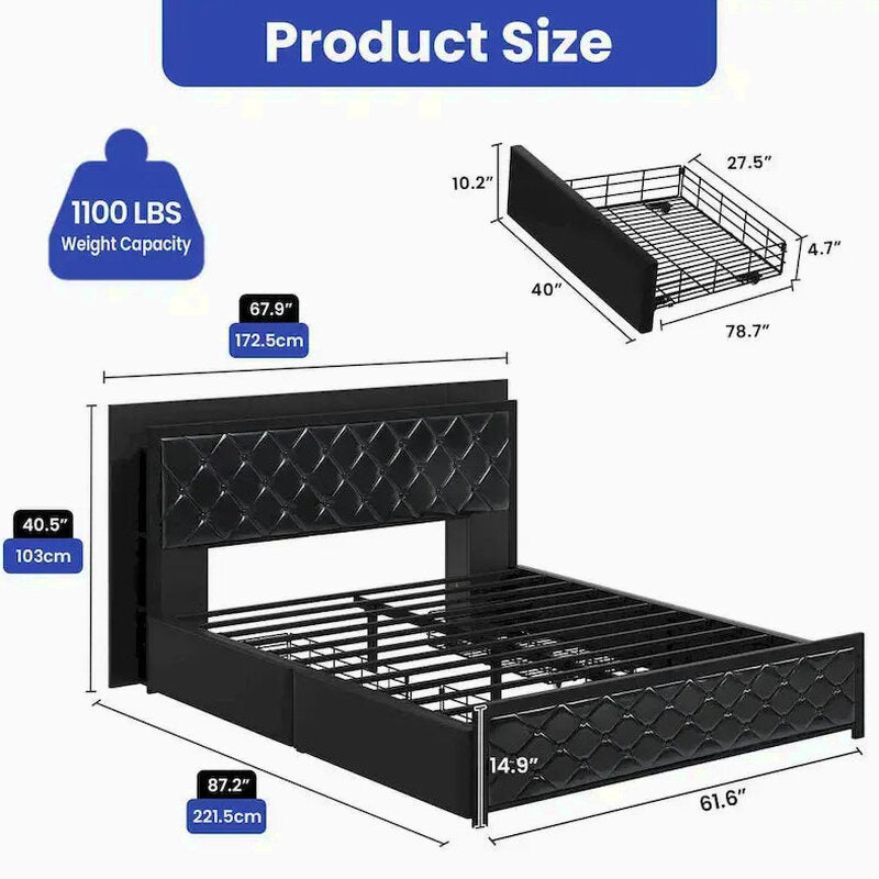 Moasis Queen Upholstered Faux Leather Platform Bed Frame With Headboard, 4 Storage Drawers, RGB LED Lights, USB-C Charging Ports - Black