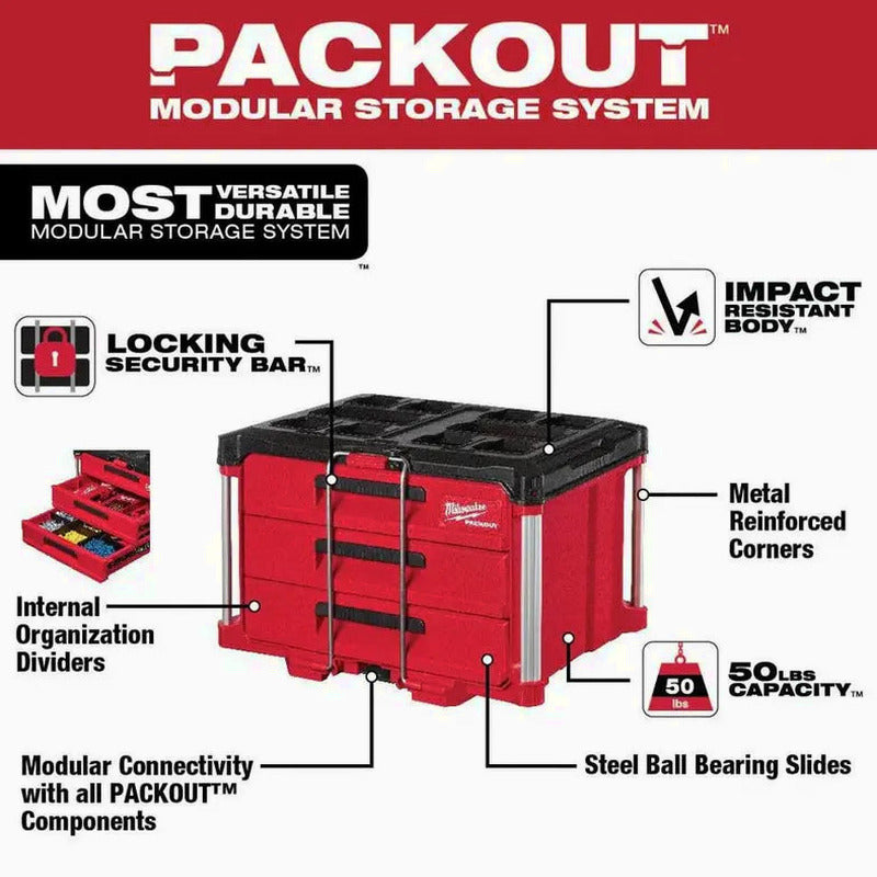 Milwaukee PACKOUT 3-Drawer Rolling Tool Box, 50 lbs Capacity - 48-22-8443