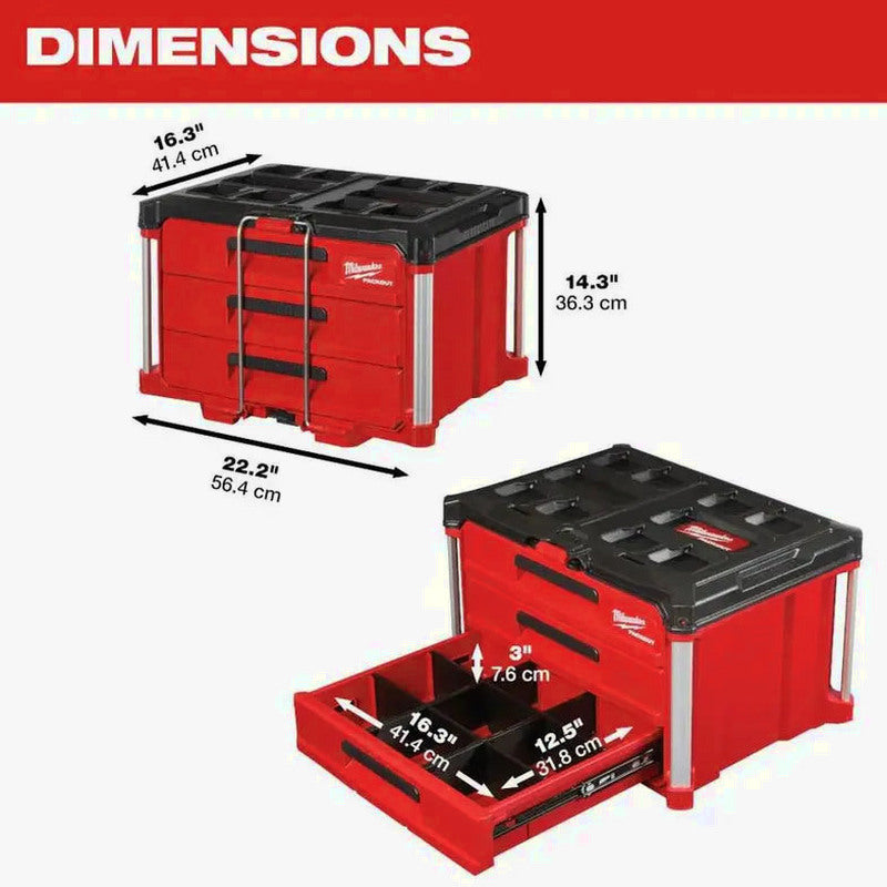 Milwaukee PACKOUT 3-Drawer Rolling Tool Box, 50 lbs Capacity - 48-22-8443