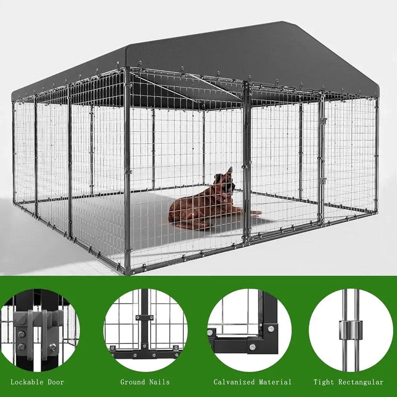 Kullavik Extra-Large Outdoor Dog Kennel, 118 in x 118 in, Heavy-Duty Metal/Steel Enclosure With Waterproof Roof - Black