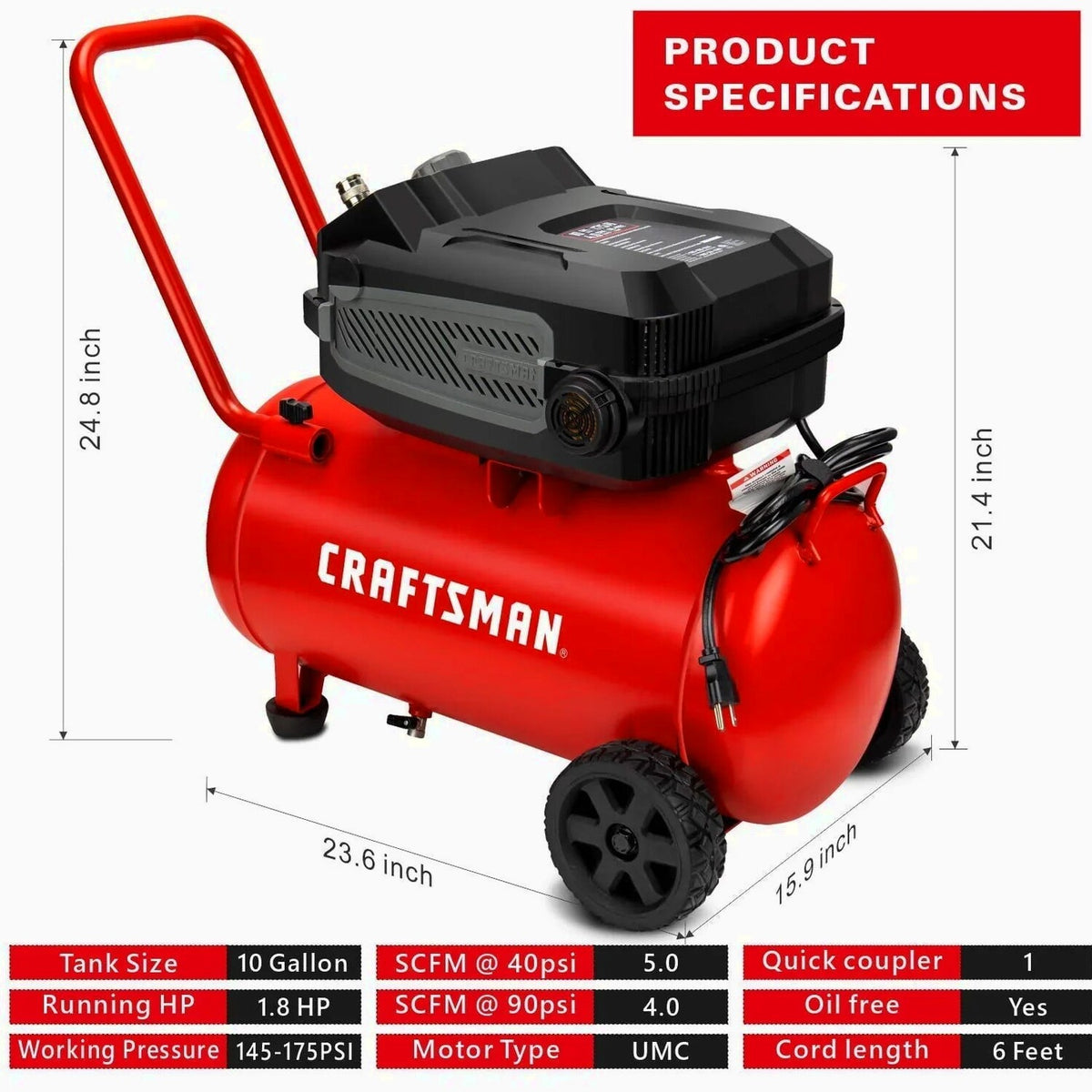 CRAFTSMAN Hard Air Compressor, 10 Gallon, 1.8 HP, 175 PSI, 4.0 CFM @ 90 PSI - CMXECXA0201041