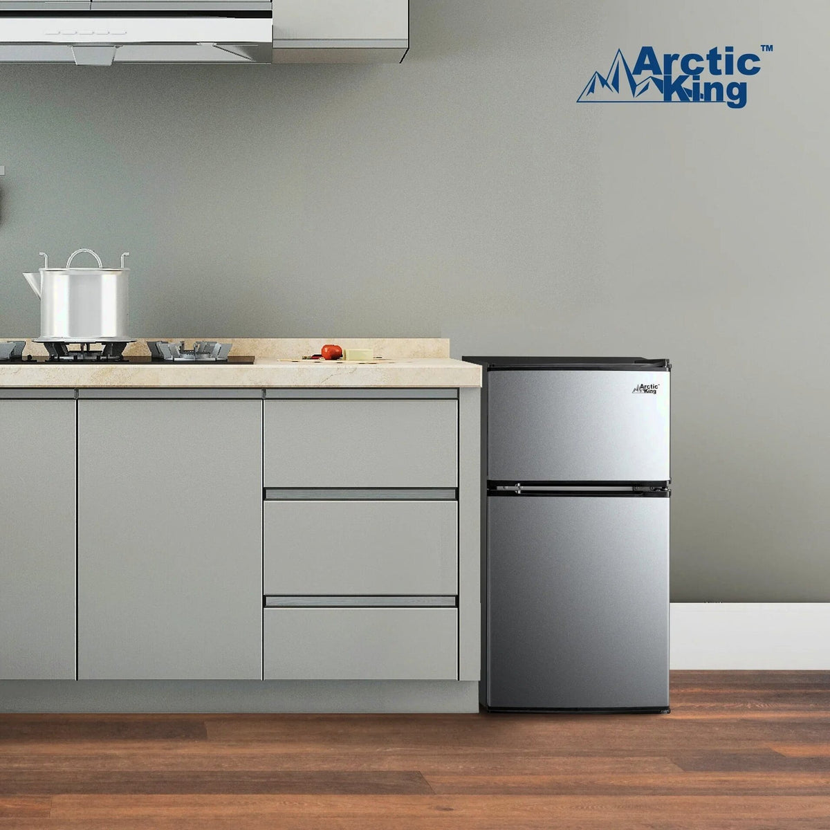 Arctic King Two-Door Mini Fridge With Freezer, 3.2 Cu. Ft., Stainless Steel