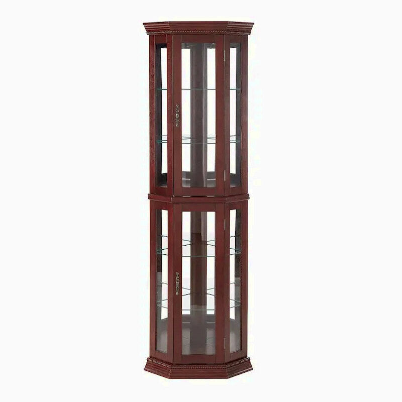 Corner Display Curio Cabinet With Tempered Glass Shelves, Mirrored Back And Built-In Lighting, 69.75H x 21.5W x 16D