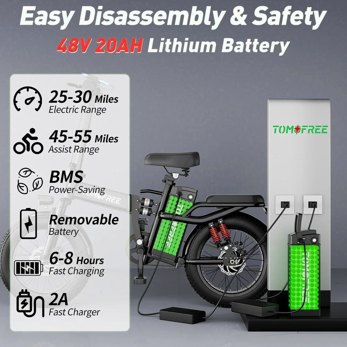 Tomofree Folding Electric Bike For Adults, 1200W, 48V 20Ah, 16 x 3in Tire, 330lbs, Black - T1