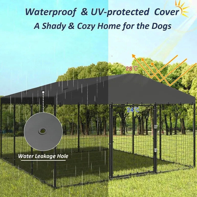 Kullavik Extra-Large Outdoor Dog Kennel, 118 in x 118 in, Heavy-Duty Metal/Steel Enclosure With Waterproof Roof - Black