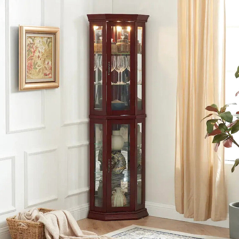 Corner Display Curio Cabinet With Tempered Glass Shelves, Mirrored Back And Built-In Lighting, 69.75H x 21.5W x 16D