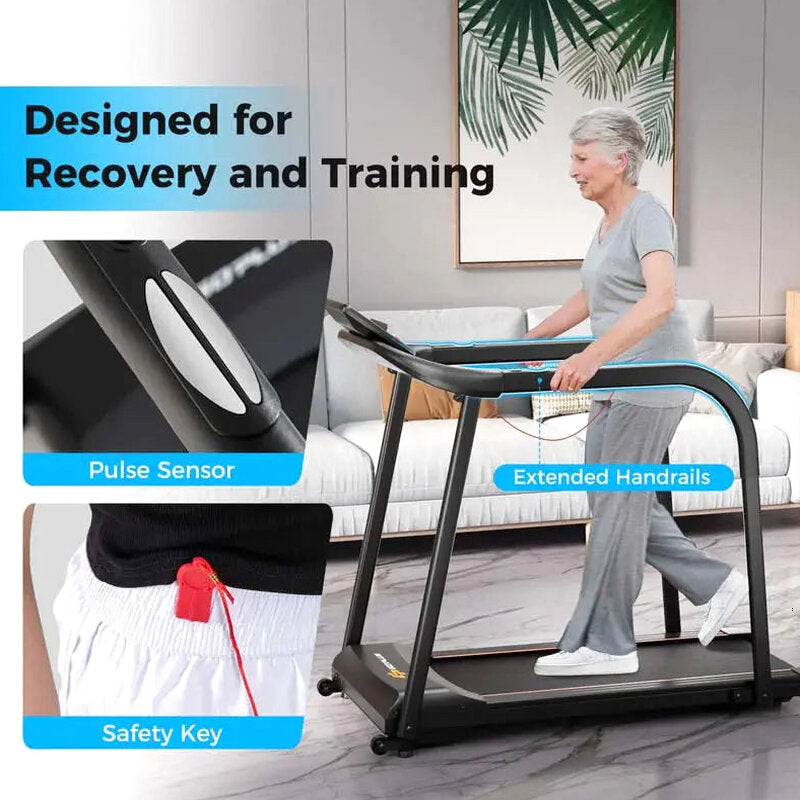 Senior-Friendly Walking Treadmill With Extended Handrails, 2.5 HP, 300 Lb Capacity, Black