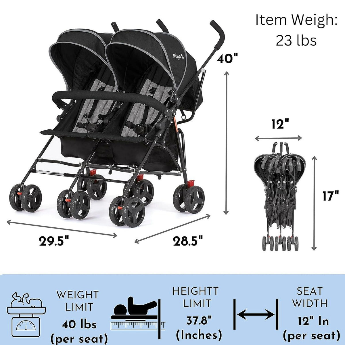 Dream On Me Volgo Twin Umbrella Stroller, Black - 446-BLK
