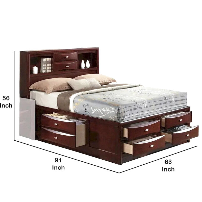 Panel-Style Queen Bookcase Bed With Built-In Drawers - Warm Brown Finish