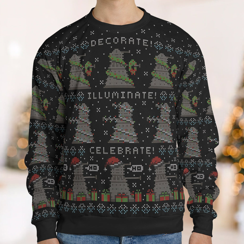 Decorate Illuminate Celebrate Doctor Who Ugly Christmas Sweatshirt