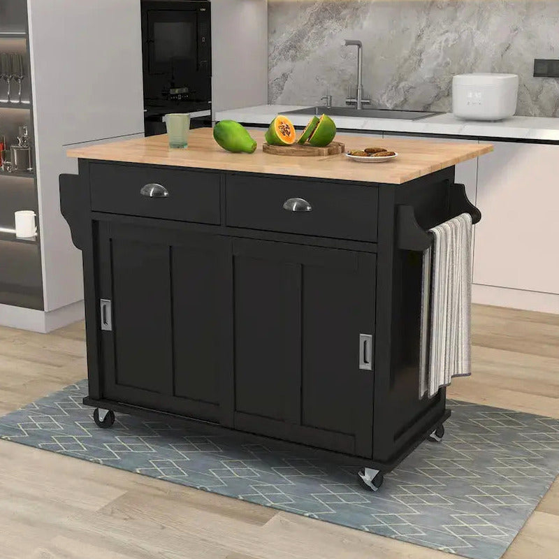 Rubberwood Kitchen Island Cart With Drop-Leaf Countertop, Concealed Barn Door Storage And 4 Locking Casters - 52.2 x 30.5 x 36.6 Inches