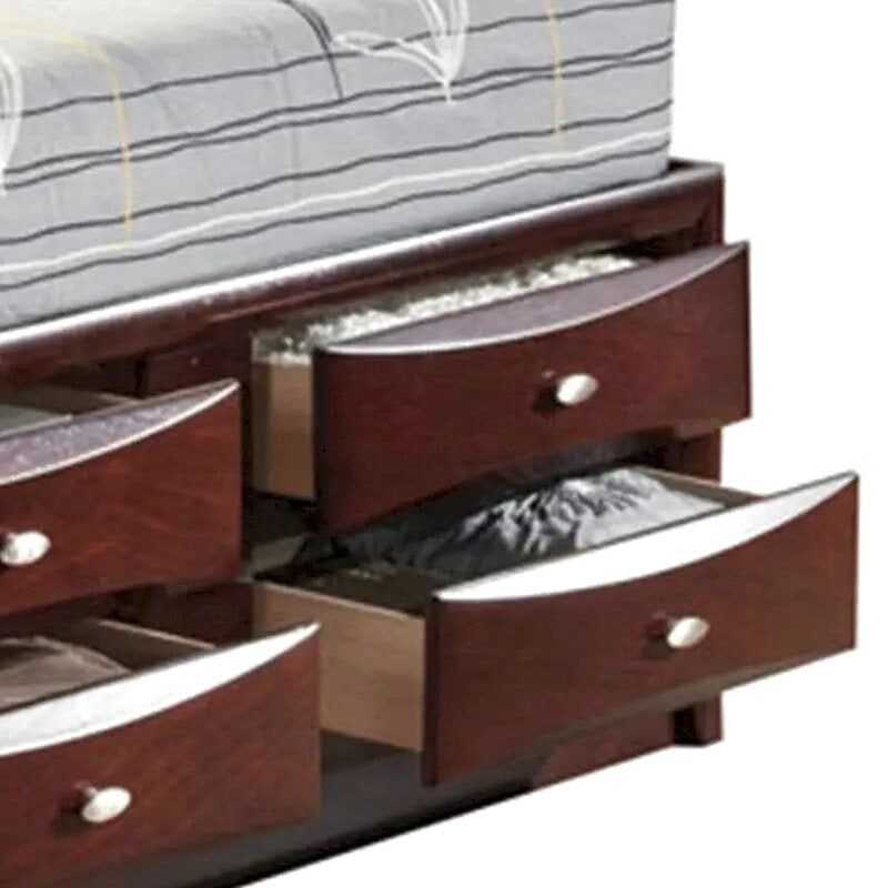 Panel-Style Queen Bookcase Bed With Built-In Drawers - Warm Brown Finish