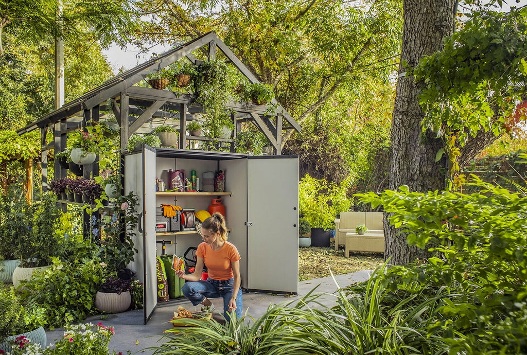 Keter Premier Tall Vertical Resin Outdoor Storage Shed With Floor And Locking Double Doors - Grey