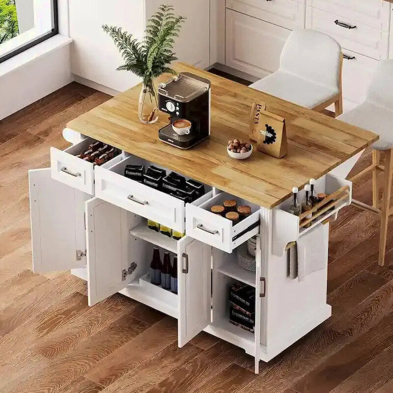 White Rolling Kitchen Island Cart With Drop-Leaf Wood Top, Embossed Finish, Doors And Drawers