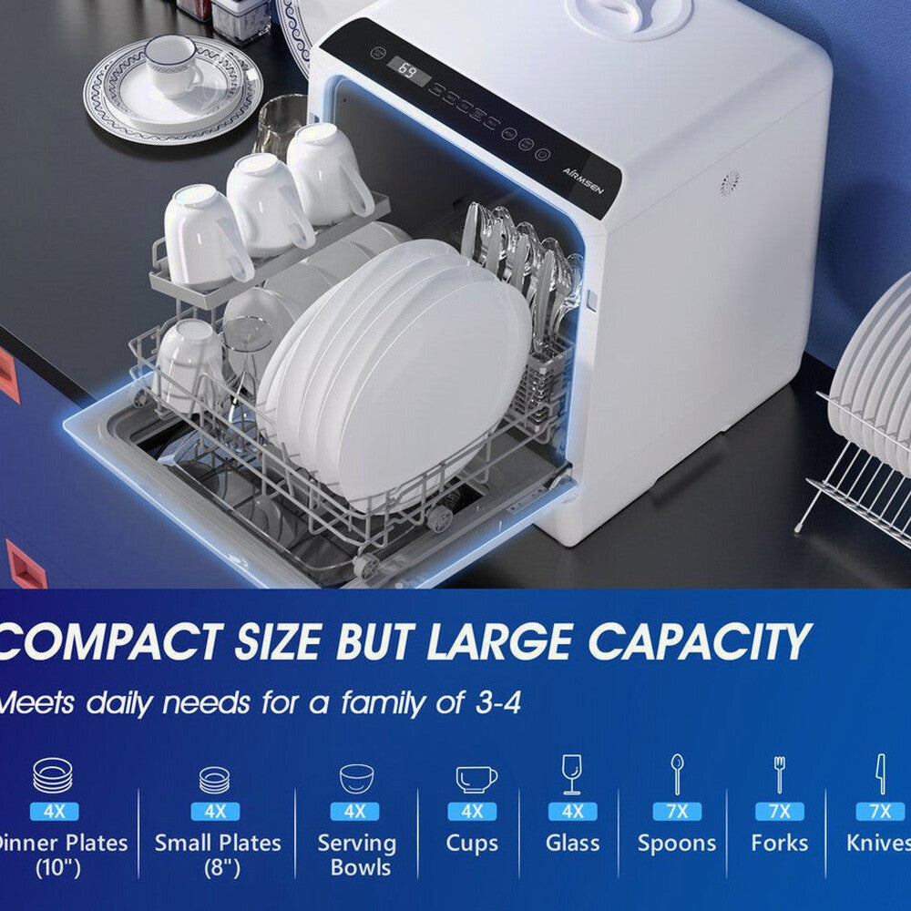 AIRMSEN Portable Countertop Dishwasher, 5-Liter Built-In Water Tank, 5 Washing Programs - AE-TDQR03
