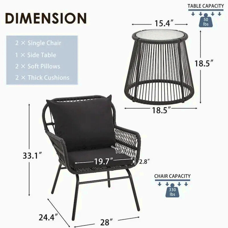 3-Piece Rattan Patio Conversation Set With Glass-Top Bistro Table, Two Wide-Arm Chairs And Seat Cushions