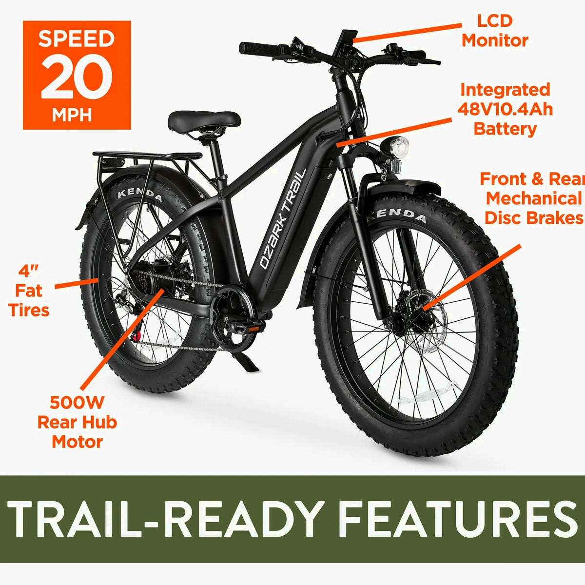 Ozark Trail Electric Fat Tire Bike, 26in, 48V, Class 2, Black, Fits Riders 5ft 2in - 6ft 1in - M.3 Ranger+
